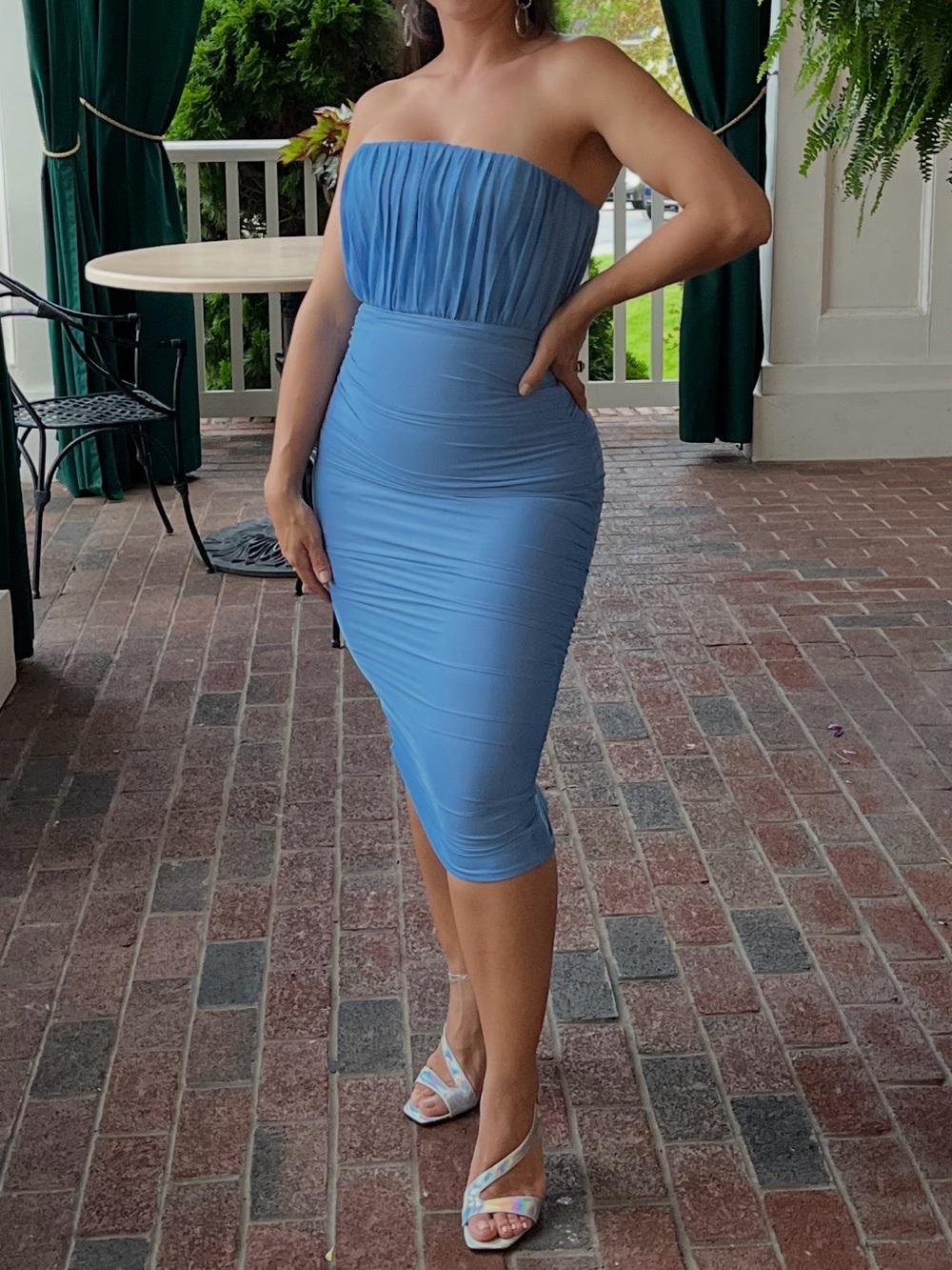 Oh Polly Dusty Blue Strapless Ruched Pencil Skirt Dress